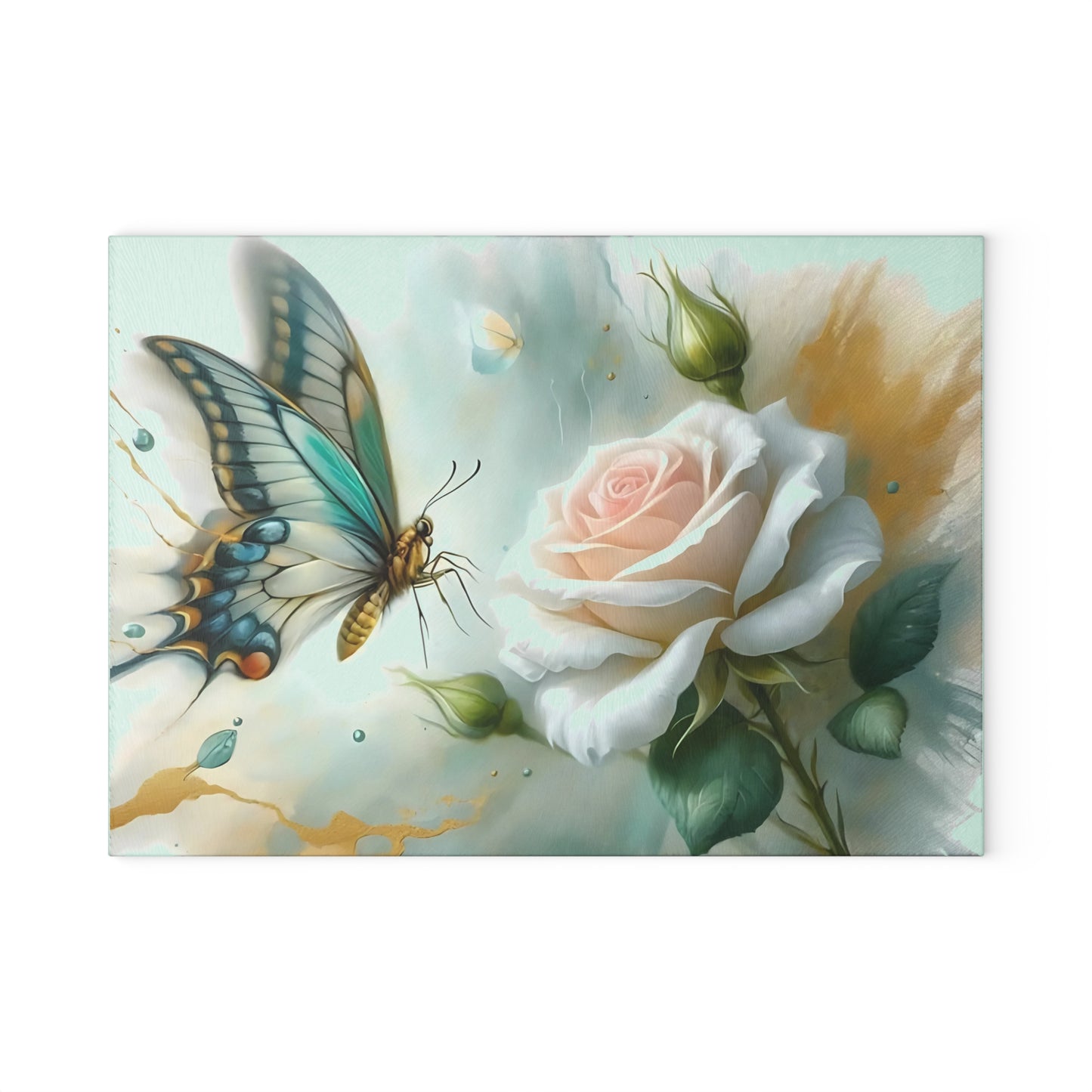 Butterfly & Single Rose Glass Cutting Board – Graceful Beauty for Your Kitchen