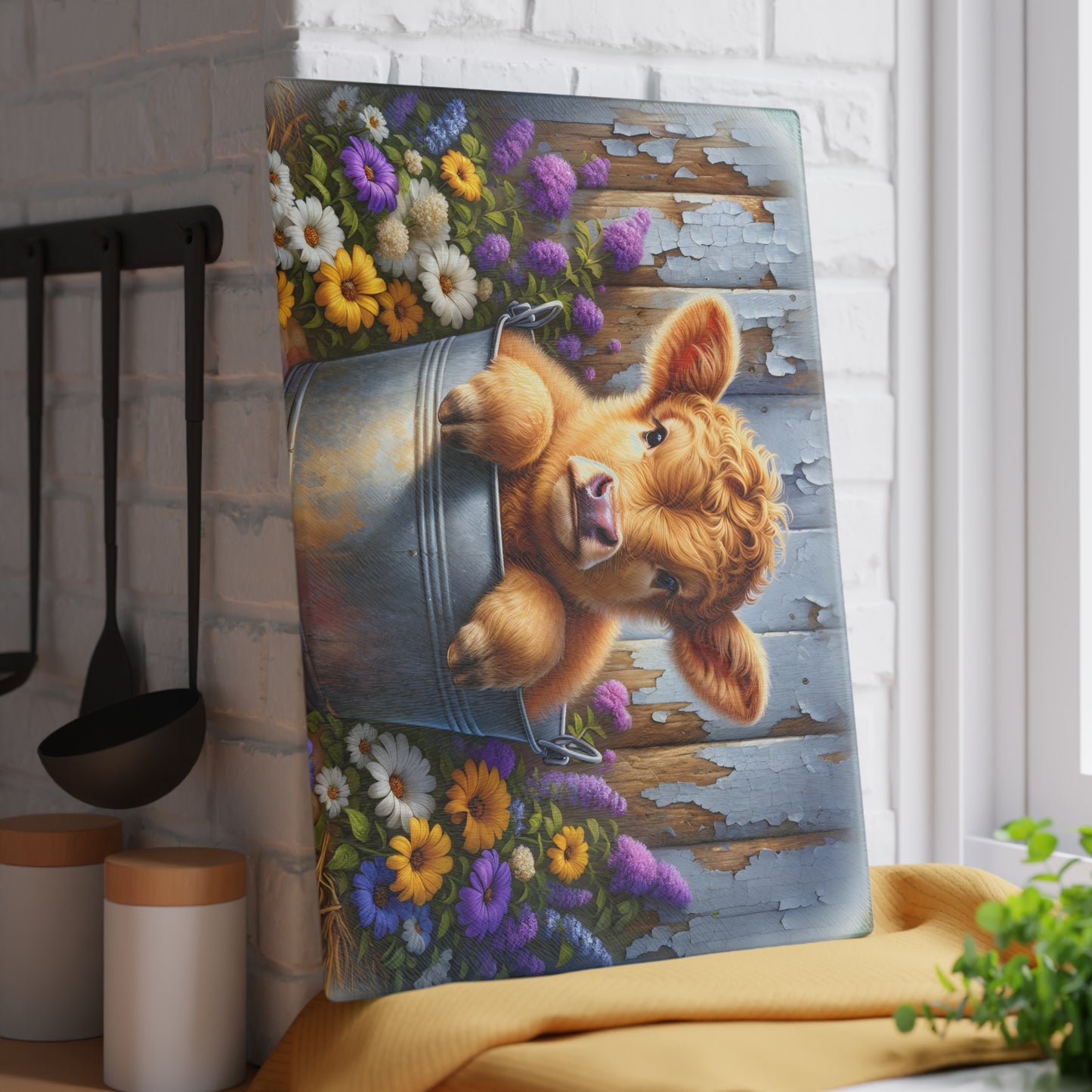 🐮🌸 Baby Highland Cow in Pail Glass Cutting Board – Country Charm with Flowers & Rustic Fence 🌼🪵