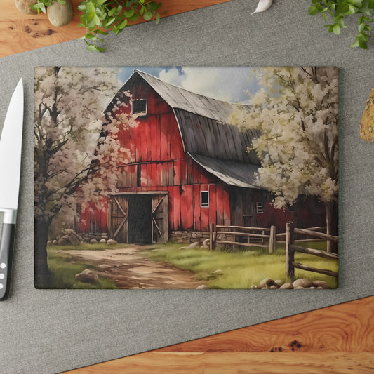 🌸🚜 Rustic Red Barn Blossom Cutting Board – Farmhouse Charm for Your Kitchen 🌾🐓