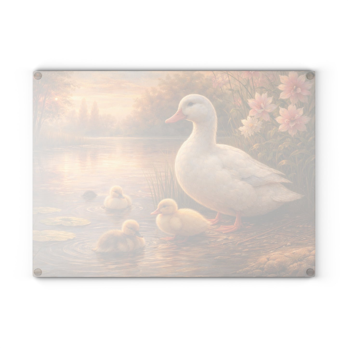 Mother Duck & Ducklings Peaceful Pond Glass Cutting Board – Cottage Nature Kitchen Art
