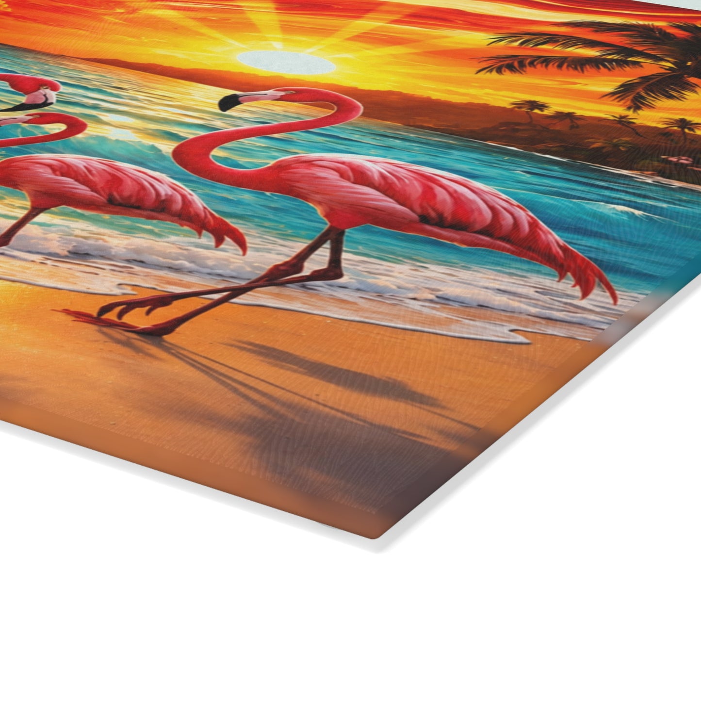 Vibrant Flamingo Sunset Glass Cutting Board – Tropical Coastal Kitchen Decor