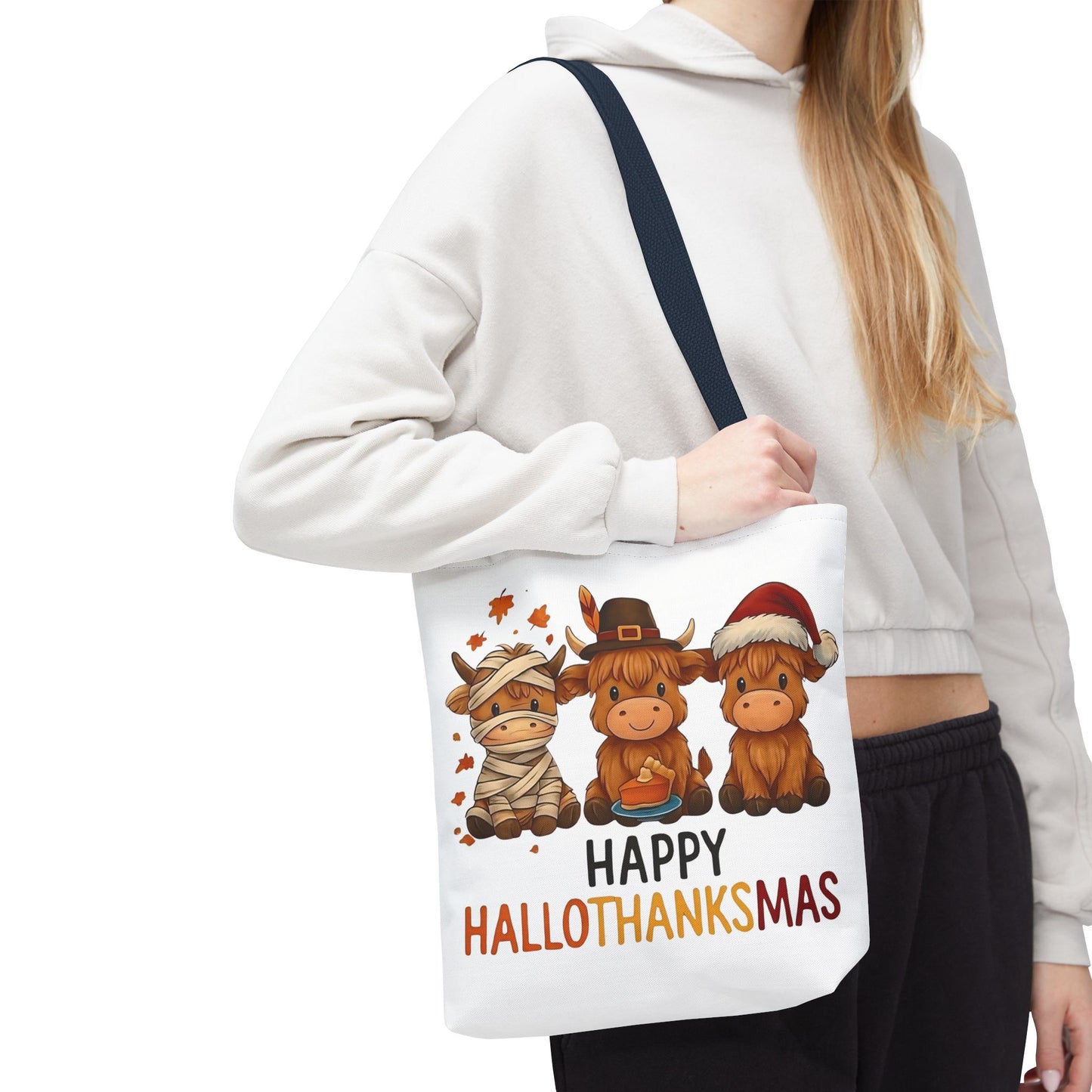 🐮 Happy Hallothanksmas Highland Cow Tote Bag – Holiday Fun All Season 🎃🦃🎄👜