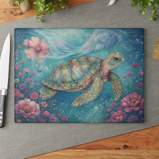 Floral Sea Turtle Glass Cutting Board – Dreamy Ocean Garden with Soft Pastel Blooms