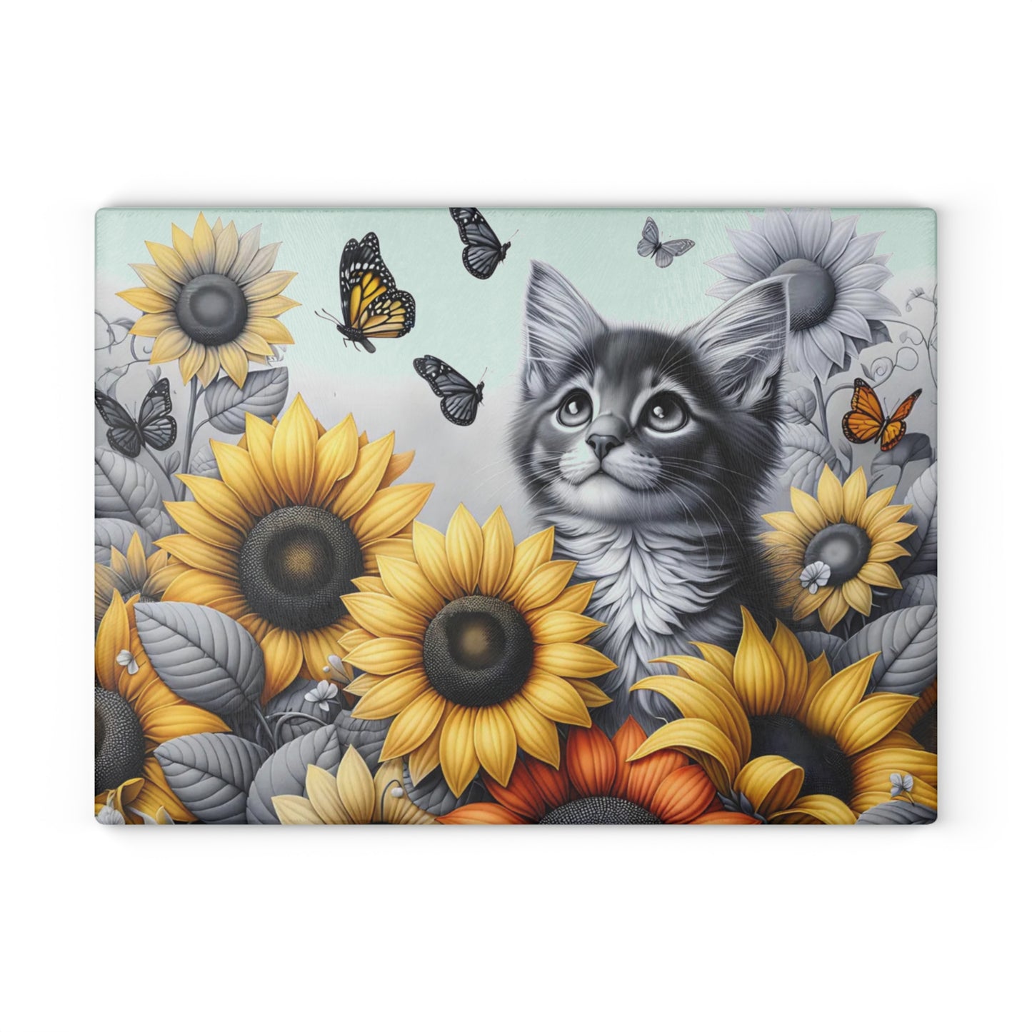 🐾🌻 Kitten & Sunflowers Cutting Board – Whimsical Rustic Farmhouse Charm with Butterflies ✨🐈🦋