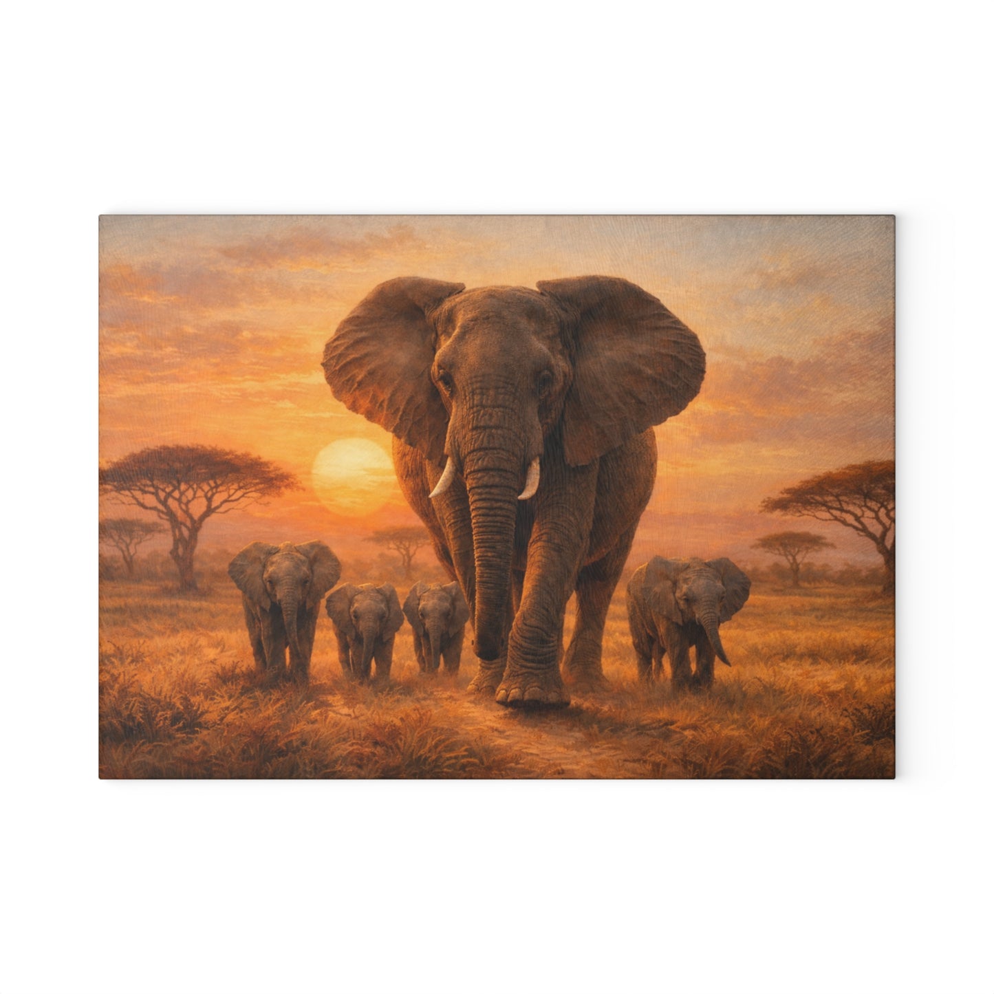 Elephant Family Sunset Safari Glass Cutting Board – Majestic Wildlife Landscape Kitchen Art