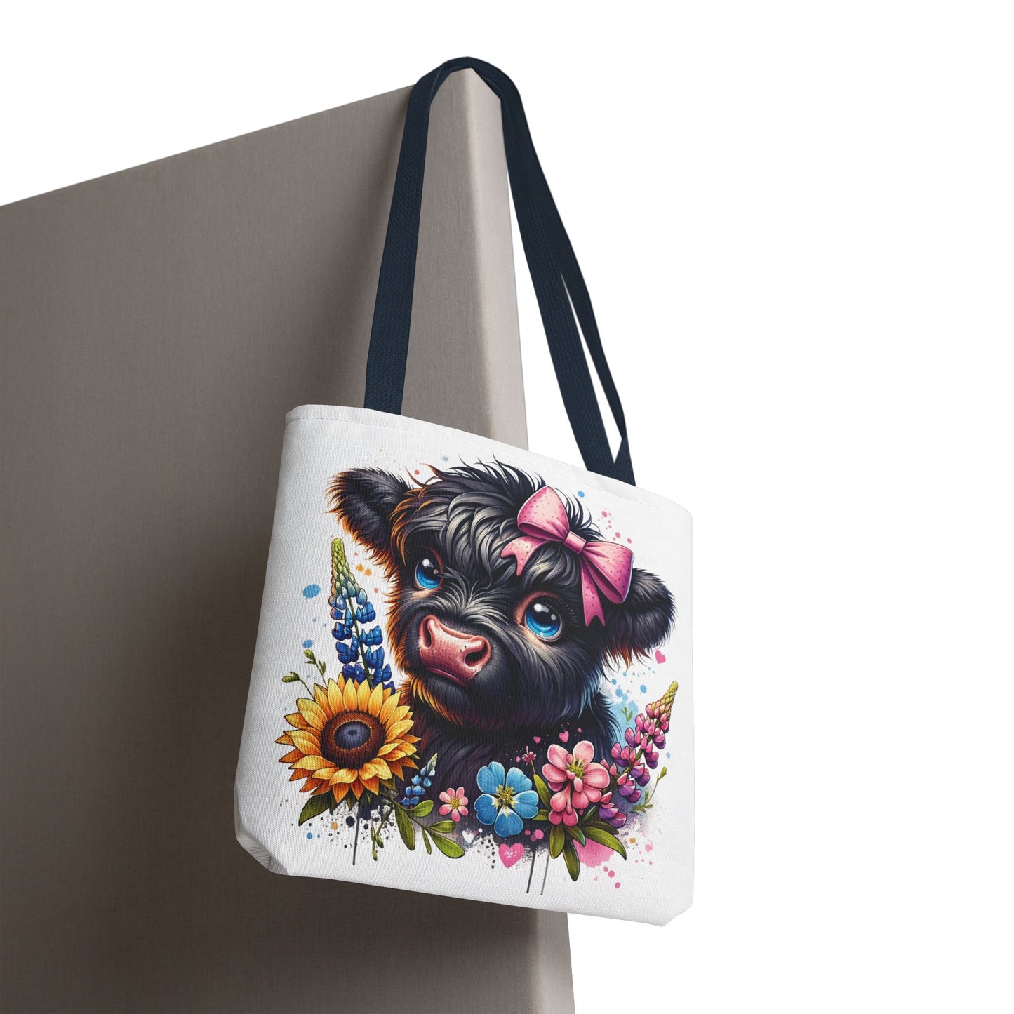 🌸 Black Highland Calf Floral Tote Bag – Sweet Style for Every Age 🐮👜