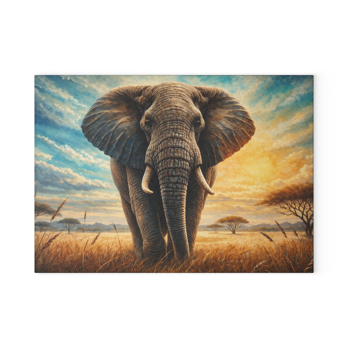 Savanna Guardian Elephant Glass Cutting Board – Dramatic Wildlife Sunset Kitchen Art