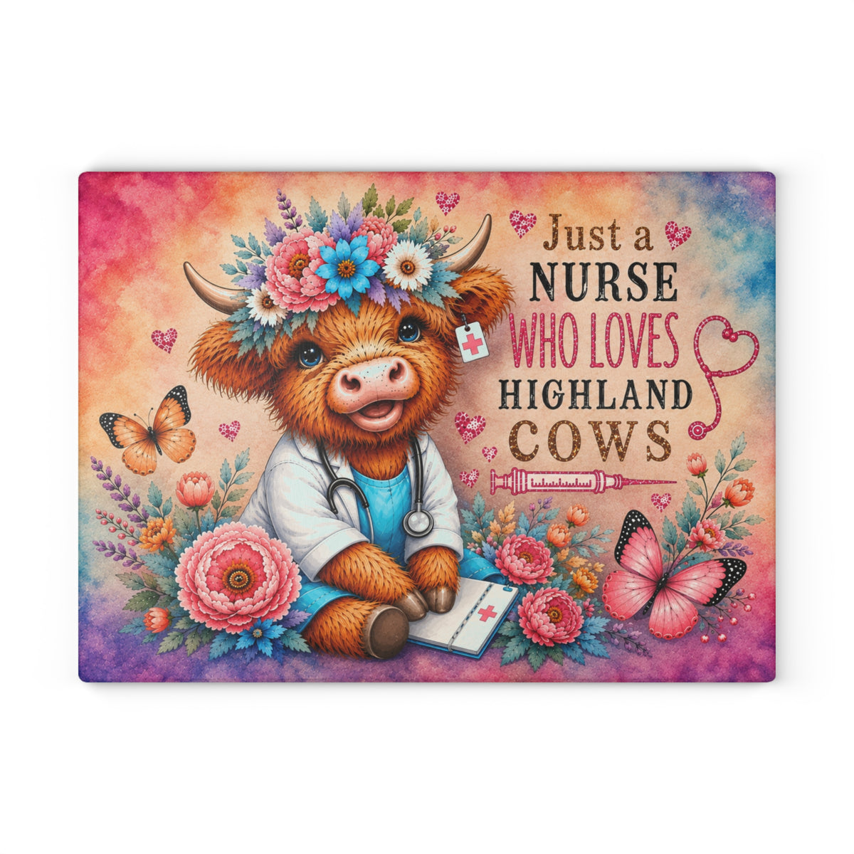 Nurse Highland Cow Glass Cutting Board – Colorful Floral Nurse Gift with Butterflies & Medical Theme