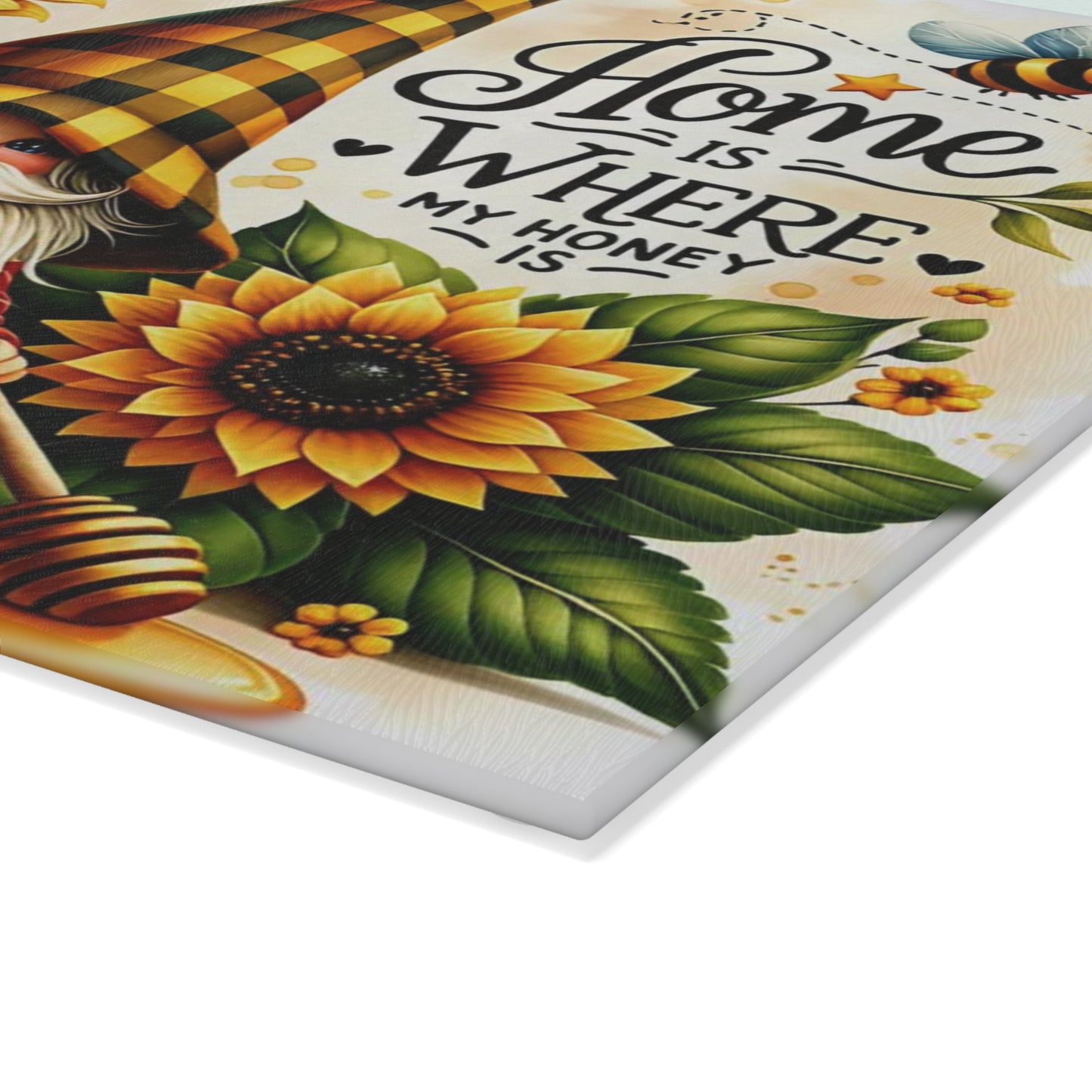 🐝🌻 “Sunny Honey Gnome” Glass Cutting Board – Warm Country Charm for Your Kitchen
