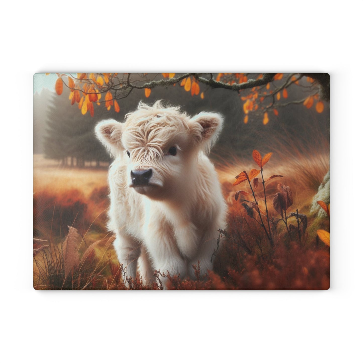 🐮🍁 Autumn White Calf Cutting Board – Cozy Highland Charm for Your Fall Kitchen