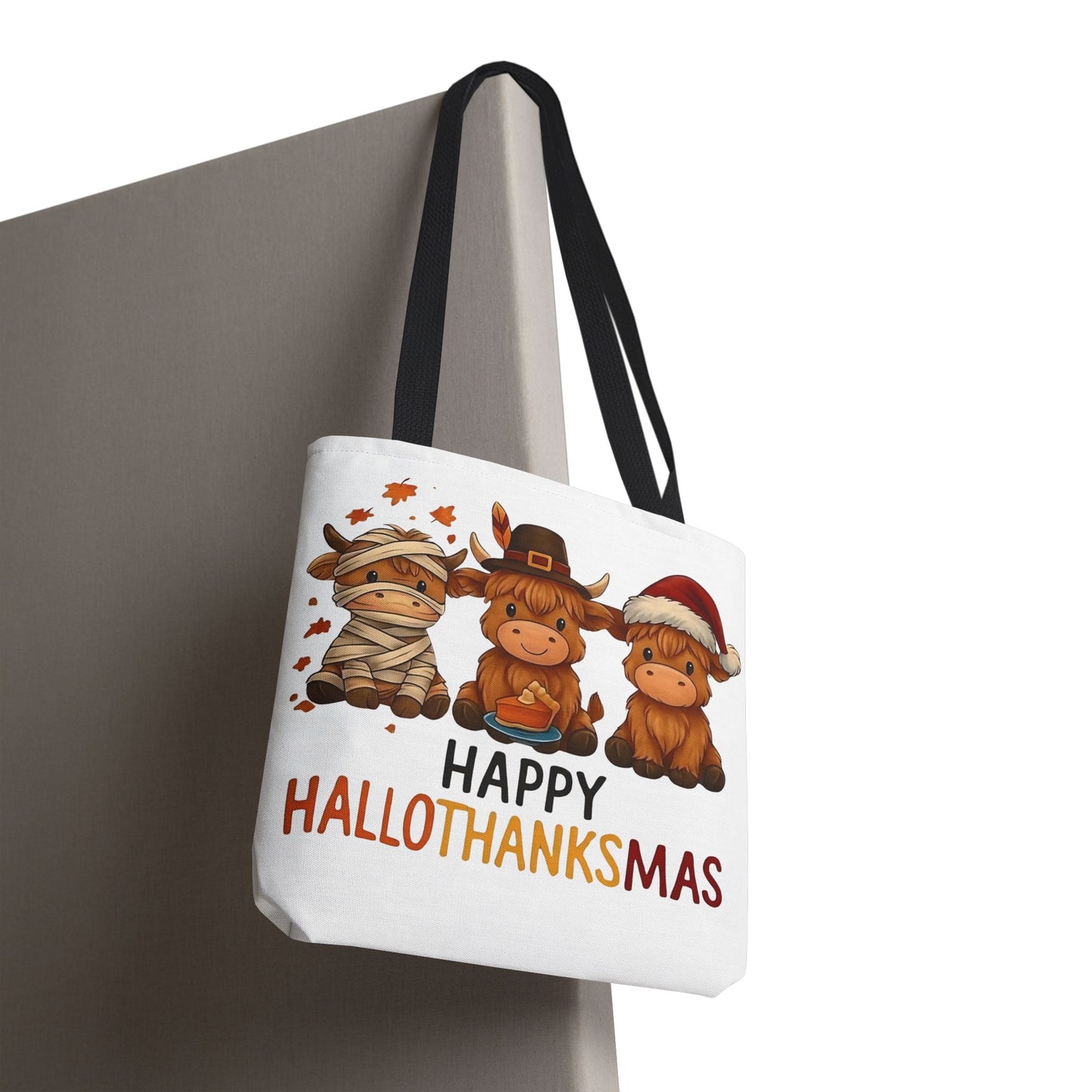 🐮 Happy Hallothanksmas Highland Cow Tote Bag – Holiday Fun All Season 🎃🦃🎄👜