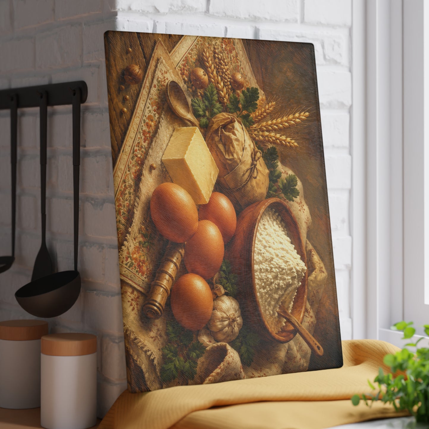 Vintage Baking Ingredients Glass Cutting Board – Rustic Farmhouse Kitchen Artwork