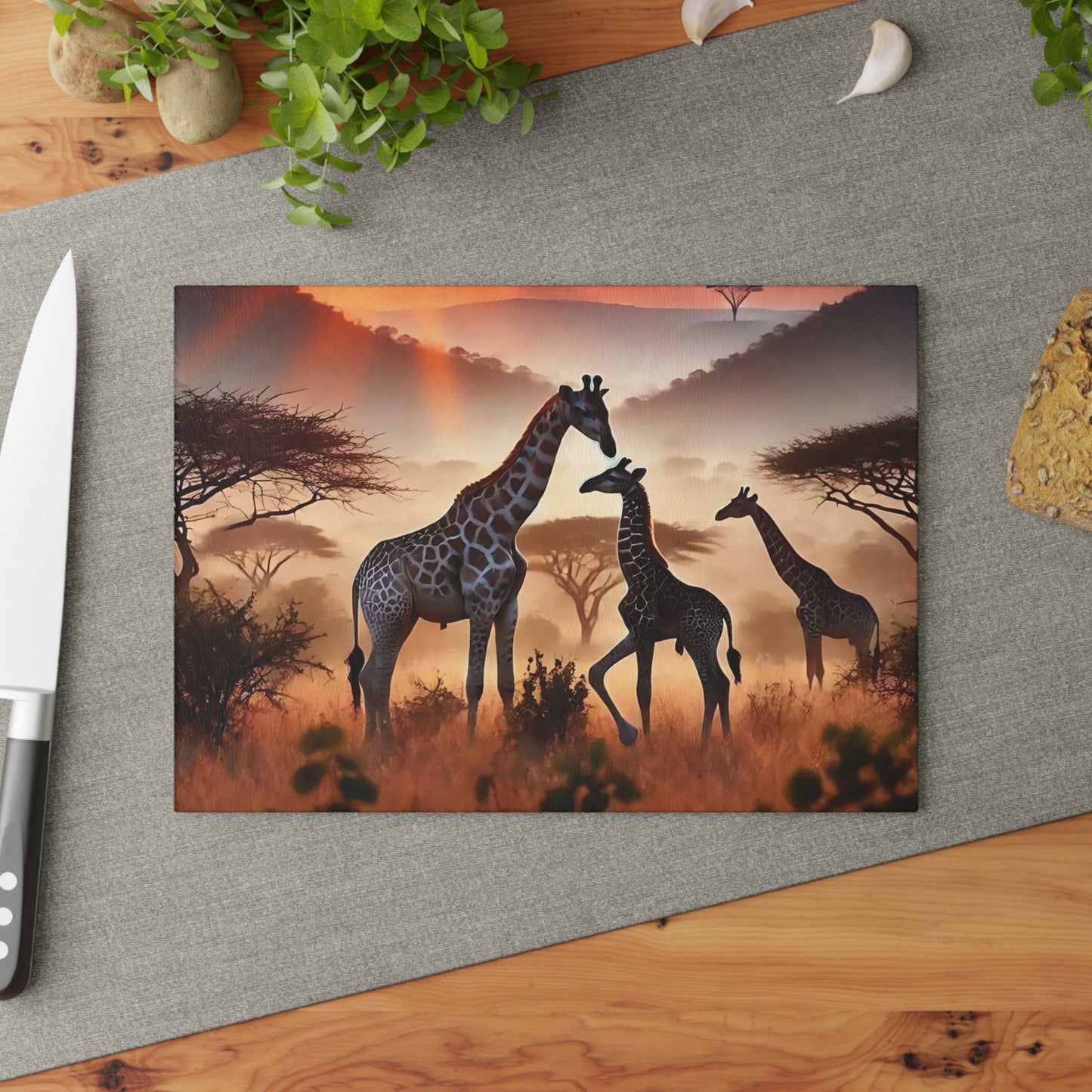 Tabla de cortar de vidrio con diseño de jirafa al atardecer, decoración de cocina, regalo de inauguración de la casa, regalo para amantes de los animales, regalo personalizado de vidrio templado, tabla de charcutería