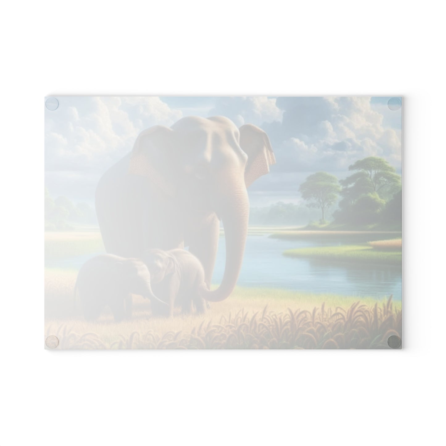 Mama Elephant and Babies Glass Cutting Board – Nature-Inspired Wildlife Kitchen Decor