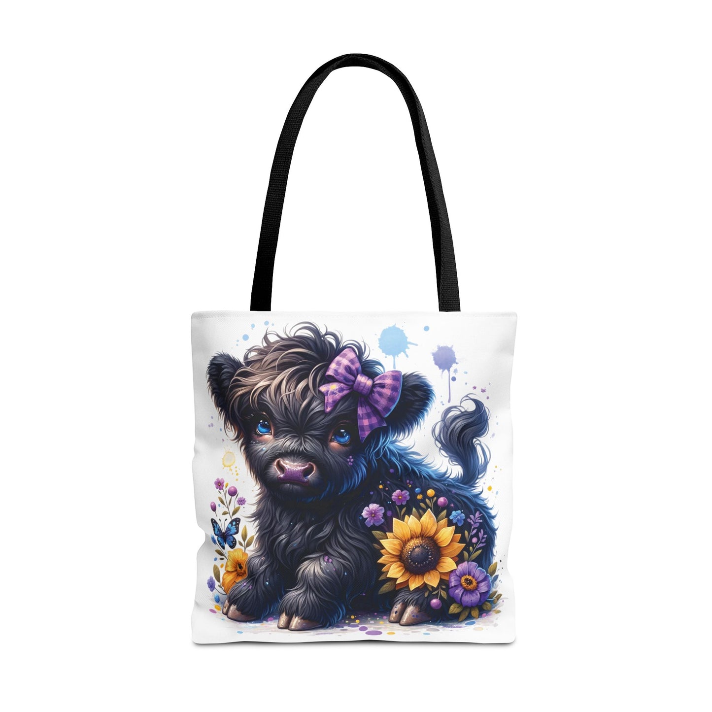 💜 Purple Bow Black Highland Calf Tote Bag – Country Charm with a Pop of Color 🐮👜