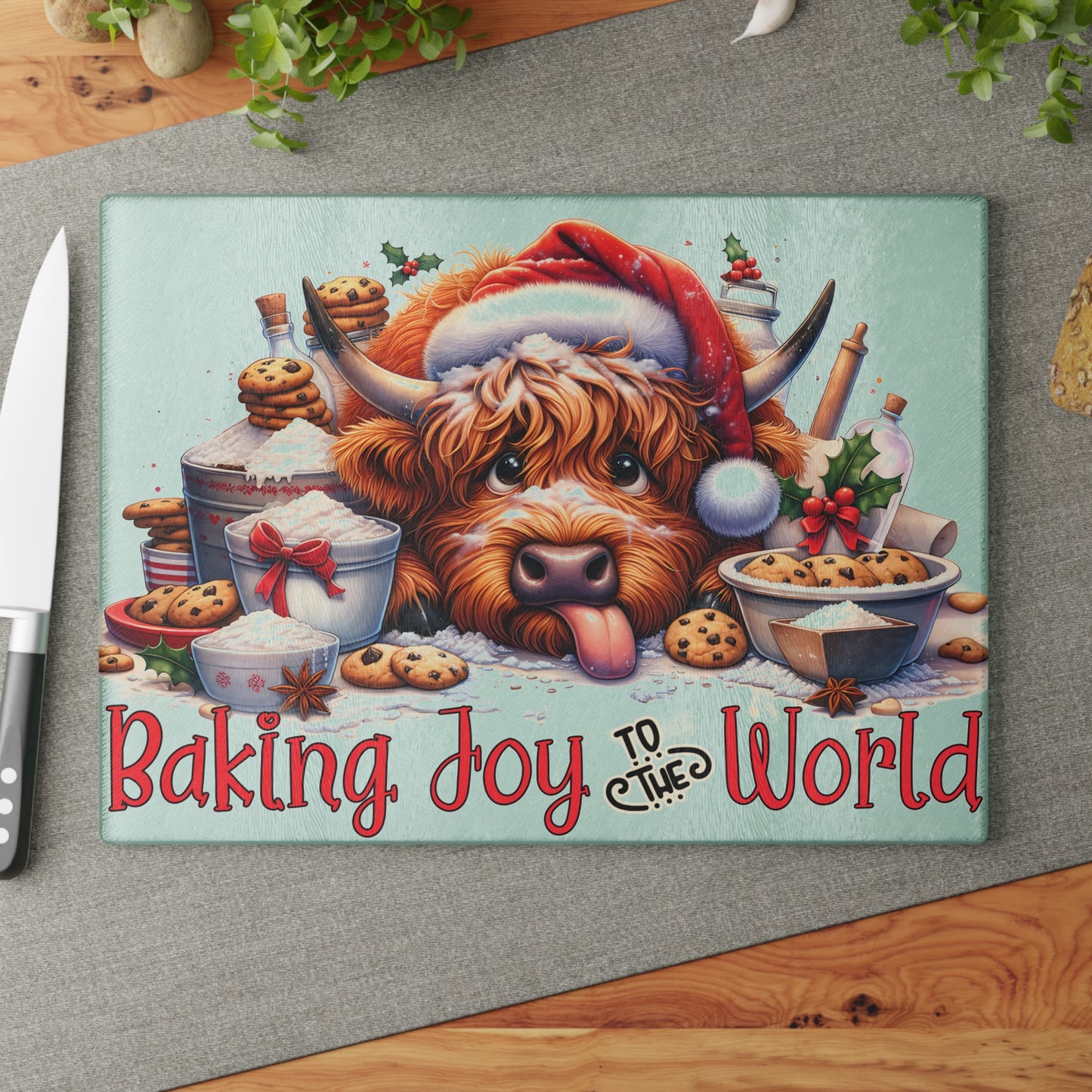 Baking Joy to the World Cow Cutting Board – Cozy Christmas Kitchen Cheer