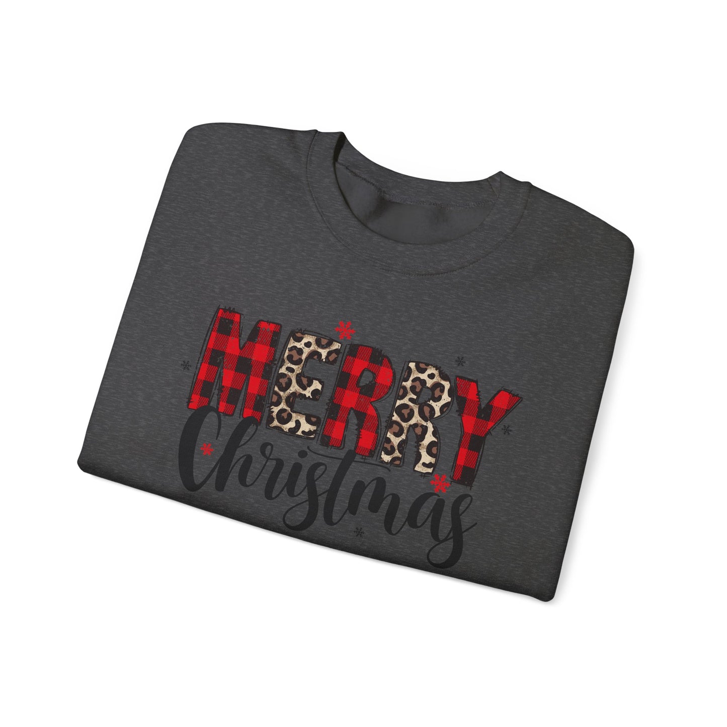 🎄🖤 Merry Christmas Buffalo Plaid & Leopard Crewneck – Cozy Unisex Holiday Pullover