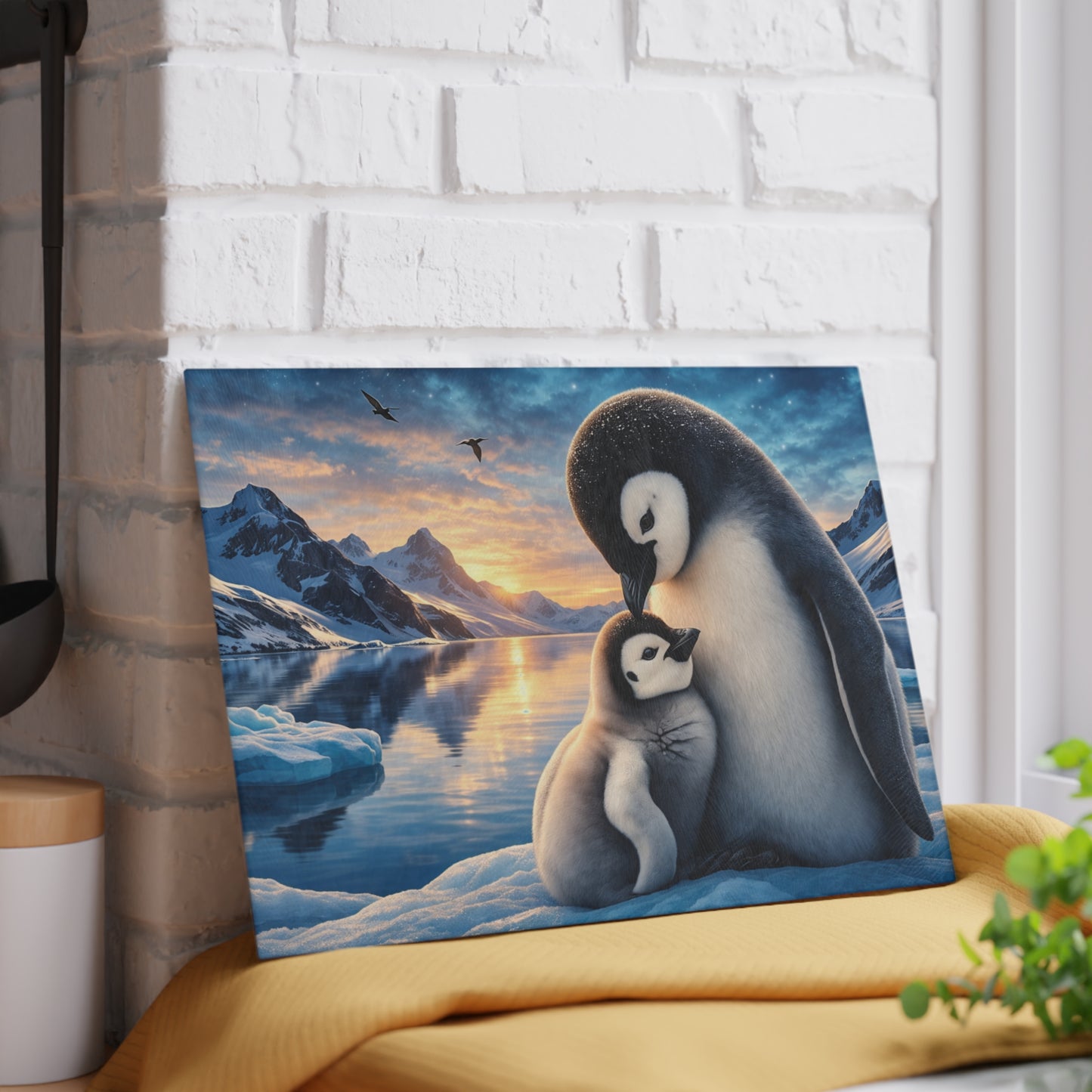 Arctic Penguin Love Glass Cutting Board – Peaceful Polar Wildlife Kitchen Art