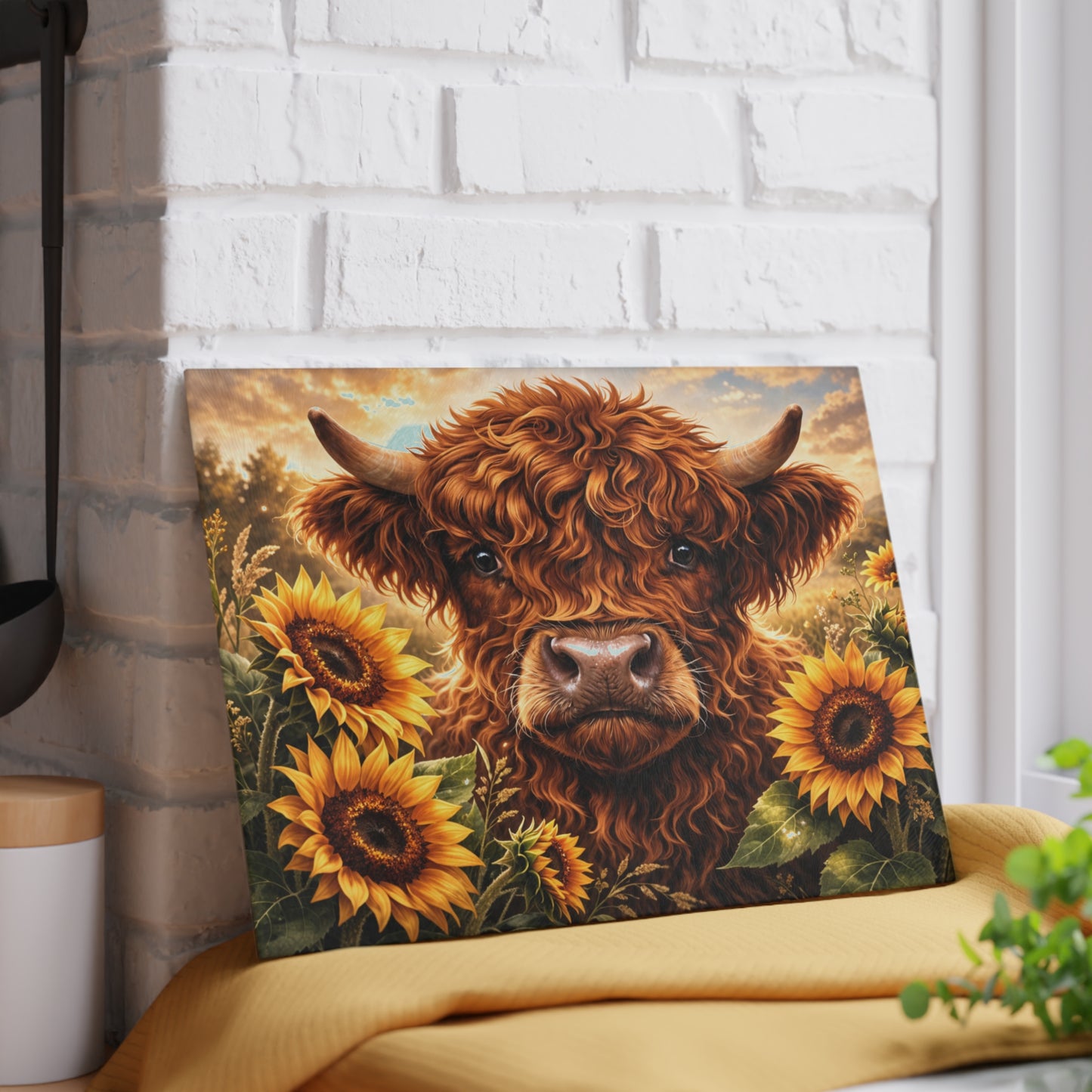 Sunflower Meadow Highland Cow Glass Cutting Board – Warm Farmhouse Floral Art with Country Charm