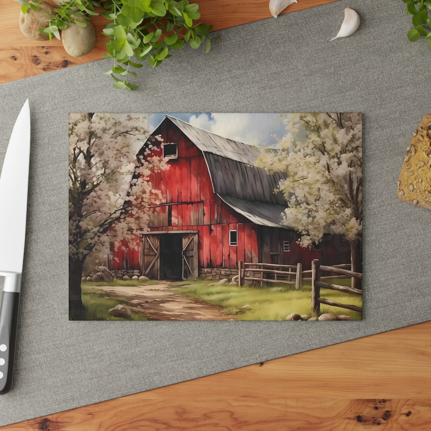 🌸🚜 Rustic Red Barn Blossom Cutting Board – Farmhouse Charm for Your Kitchen 🌾🐓