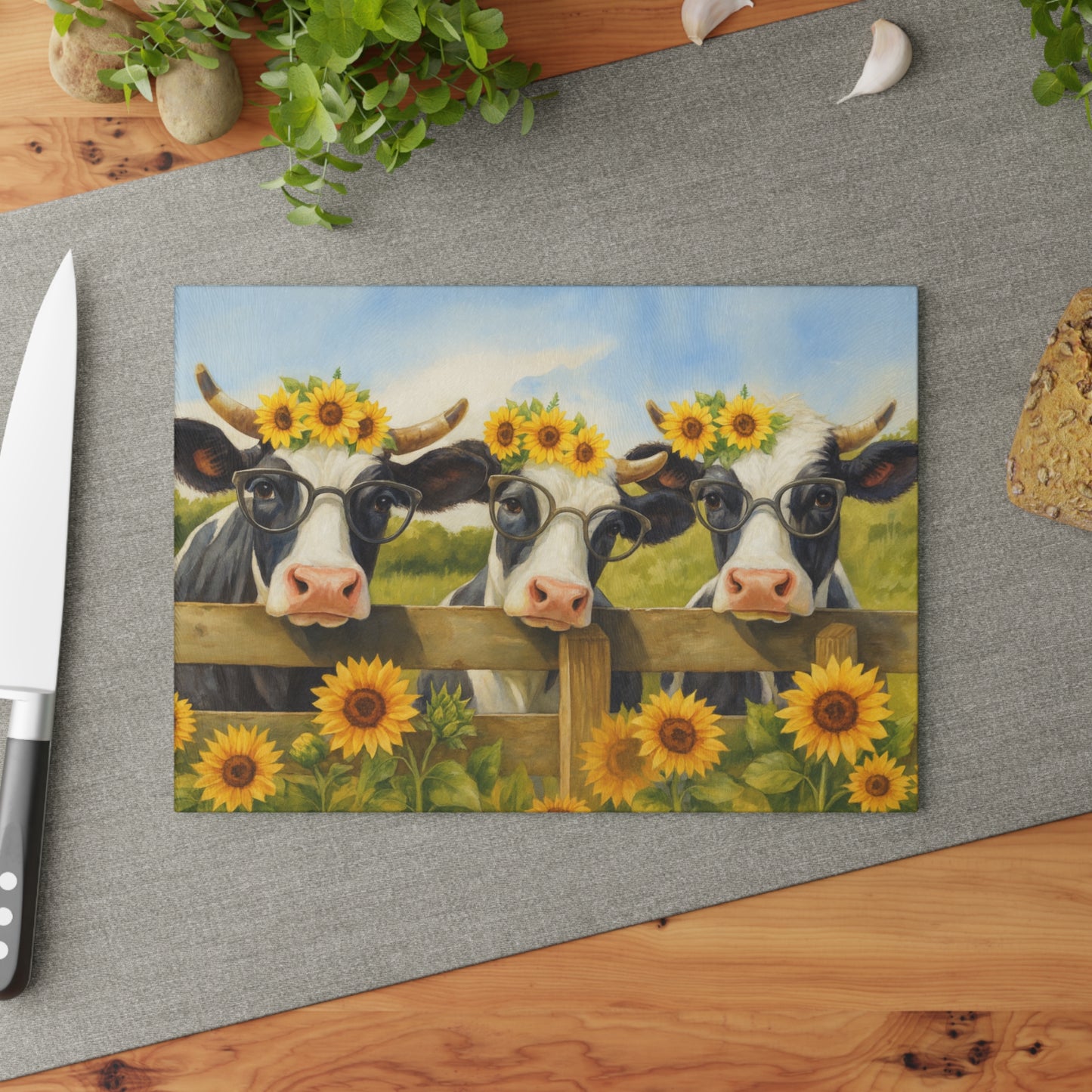 🐮🌻 “Sunflower Cow Trio” Glass Cutting Board – Bright Farmhouse Smiles