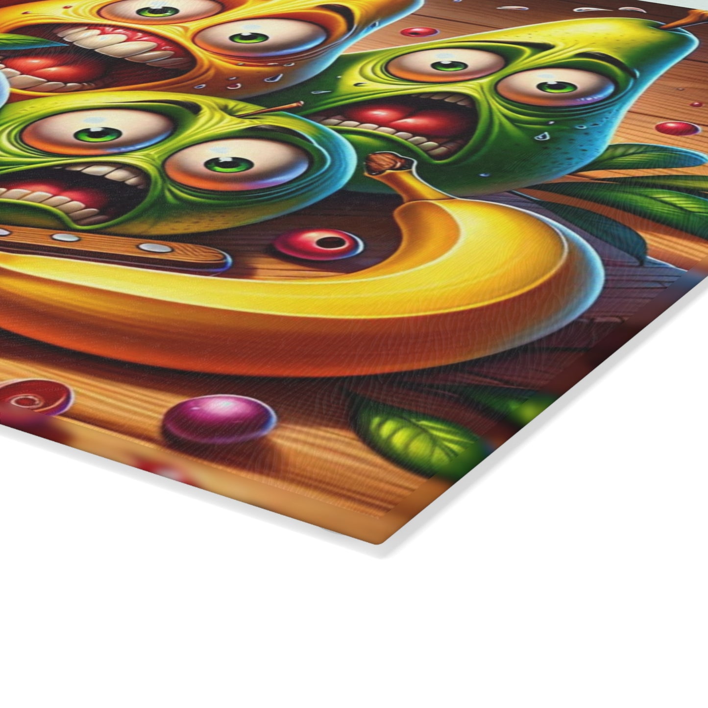 🍎🍐🍌😂 “Fruit Squad Panic” Glass Cutting Board – Silly Kitchen Laughs
