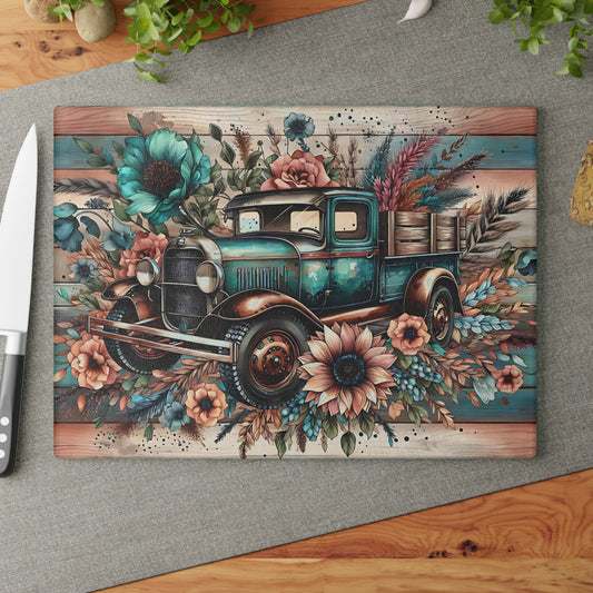 🚜🌸 Vintage Teal Farm Truck Cutting Board – Rustic Charm with Floral Elegance 🌻🌿