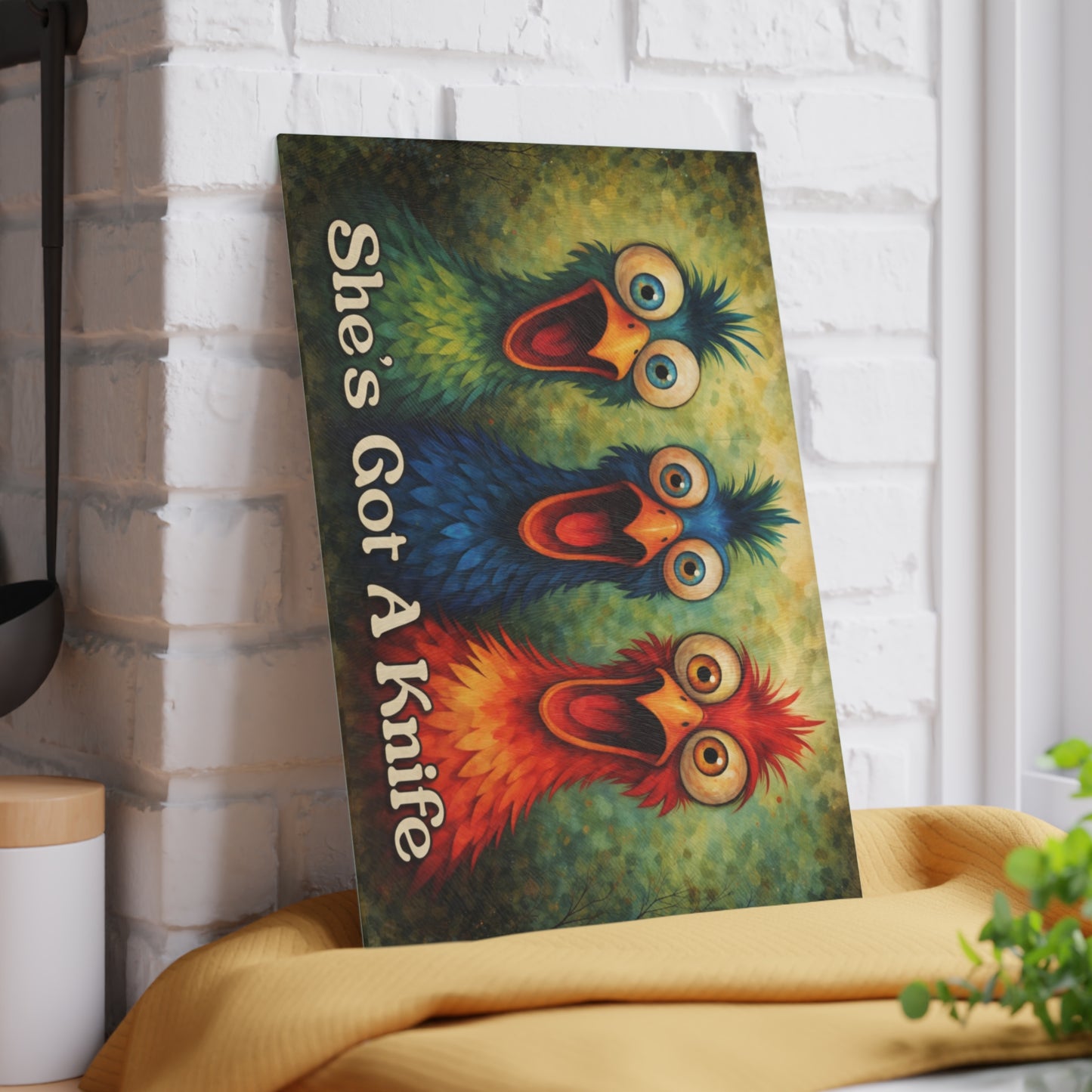 She’s Got a Knife Glass Cutting Board – Colorful Chicken Trio Art with Bold Kitchen Humor