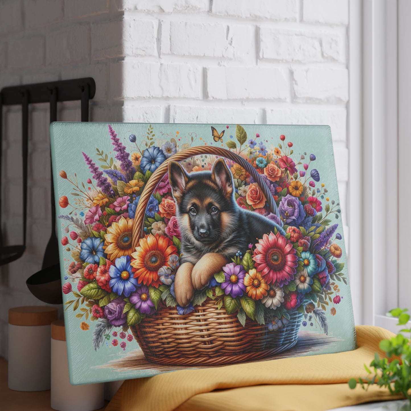 🐾🌼 German Shepherd in Bloom Cutting Board – Rustic Elegance for Your Kitchen 🌸