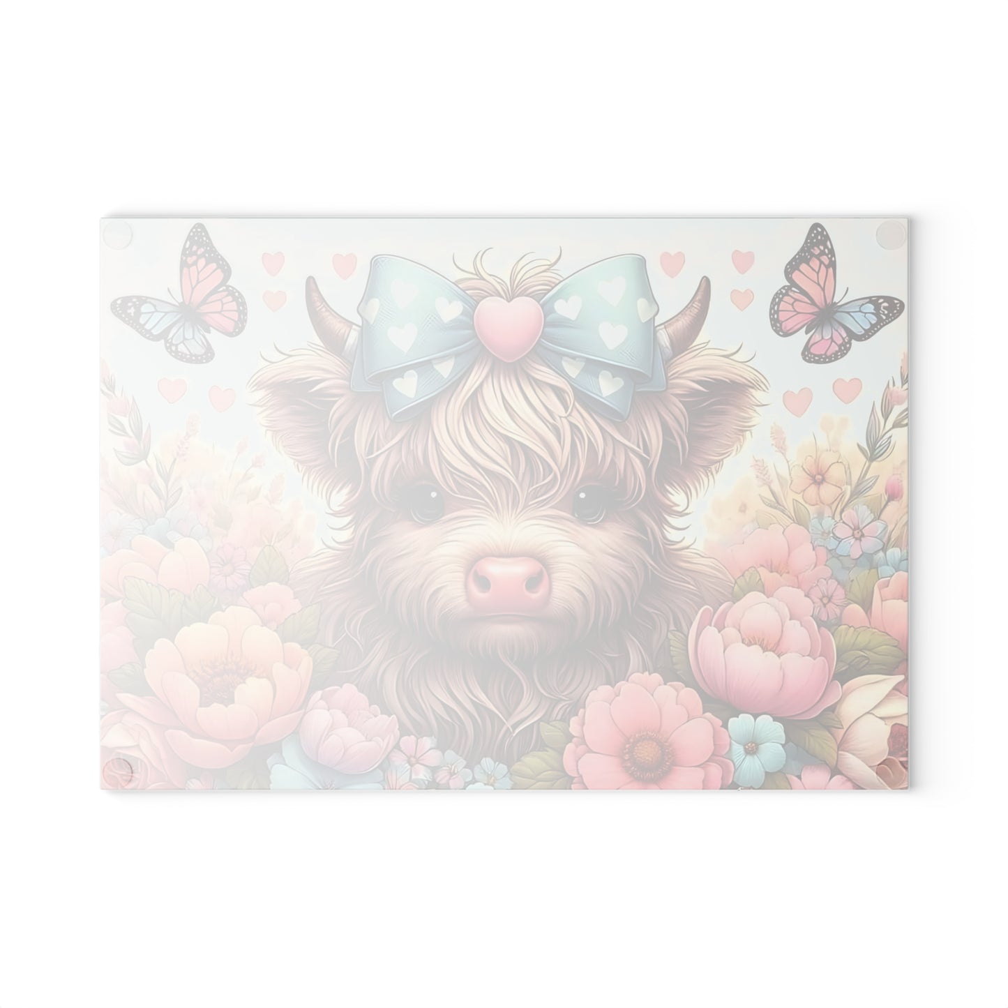 Highland Cow Glass Cutting Board with Bow, Flowers & Butterflies