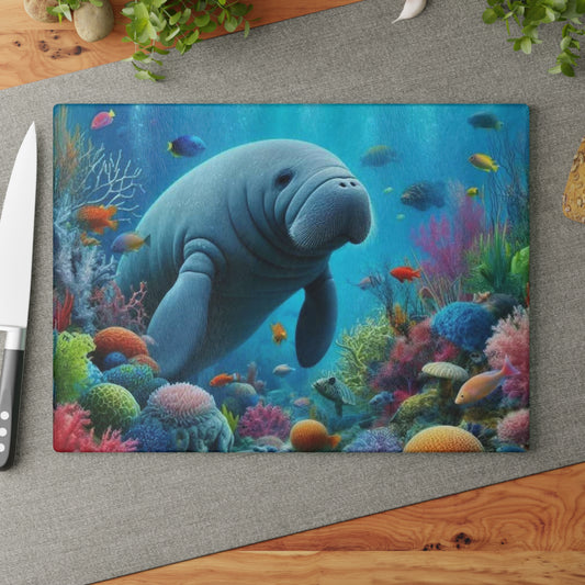 Tabla de cortar de manatí, vidrio texturizado, decoración de cocina de primavera de Florida, regalo para el hogar costero, inauguración de la casa en la playa, amante de los manatíes, arte marino, náutico