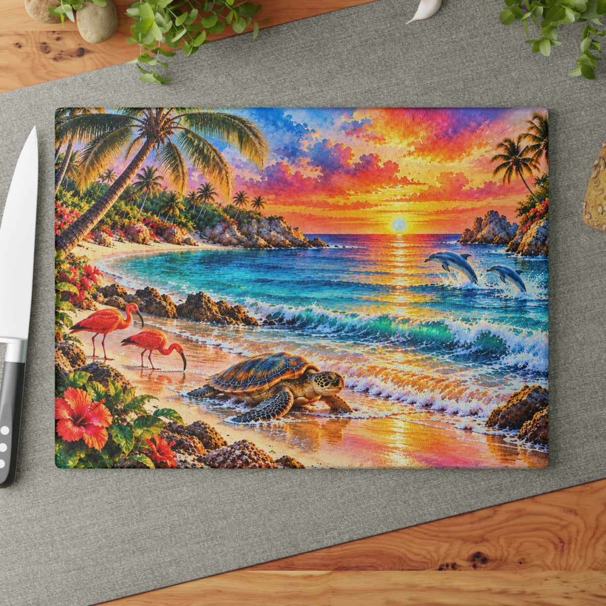 Tropical Sunset Beach Glass Cutting Board – Sea Turtle, Dolphins, Scarlet Ibis & Colorful Island Paradise