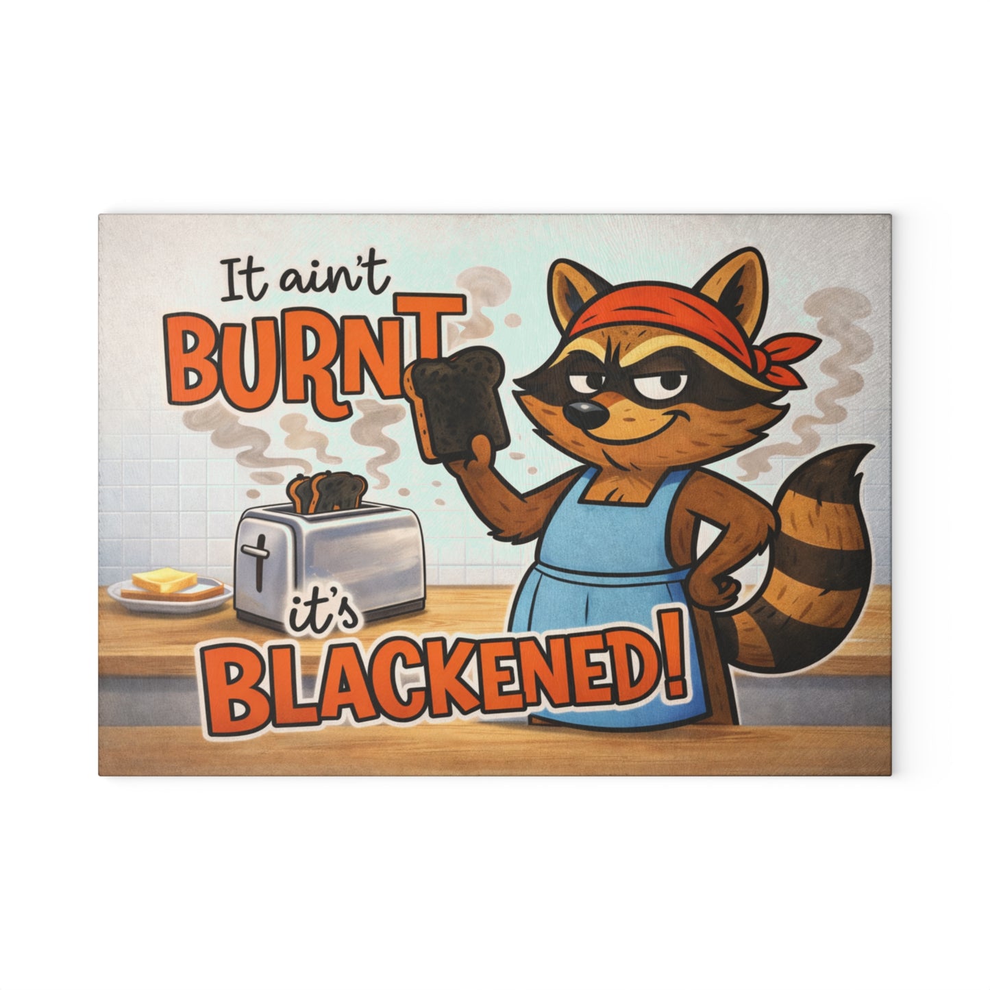 It Ain’t Burnt, It’s Blackened Glass Cutting Board – Sassy Raccoon Kitchen Art with Attitude