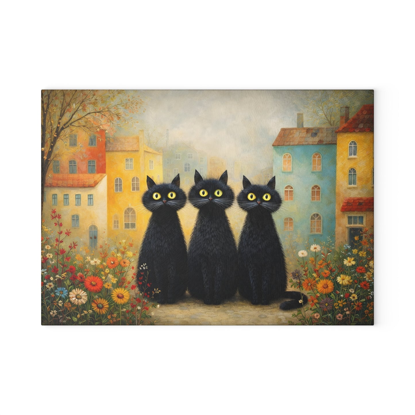 Whimsical Black Cats Village Scene Glass Cutting Board – Storybook Kitchen Art