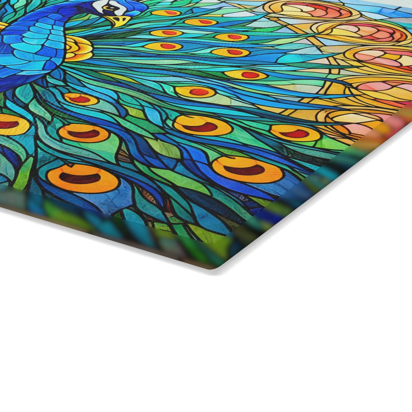 Stained Glass Style Peacock Glass Cutting Board – Vibrant Jewel-Tone Art Kitchen Decor