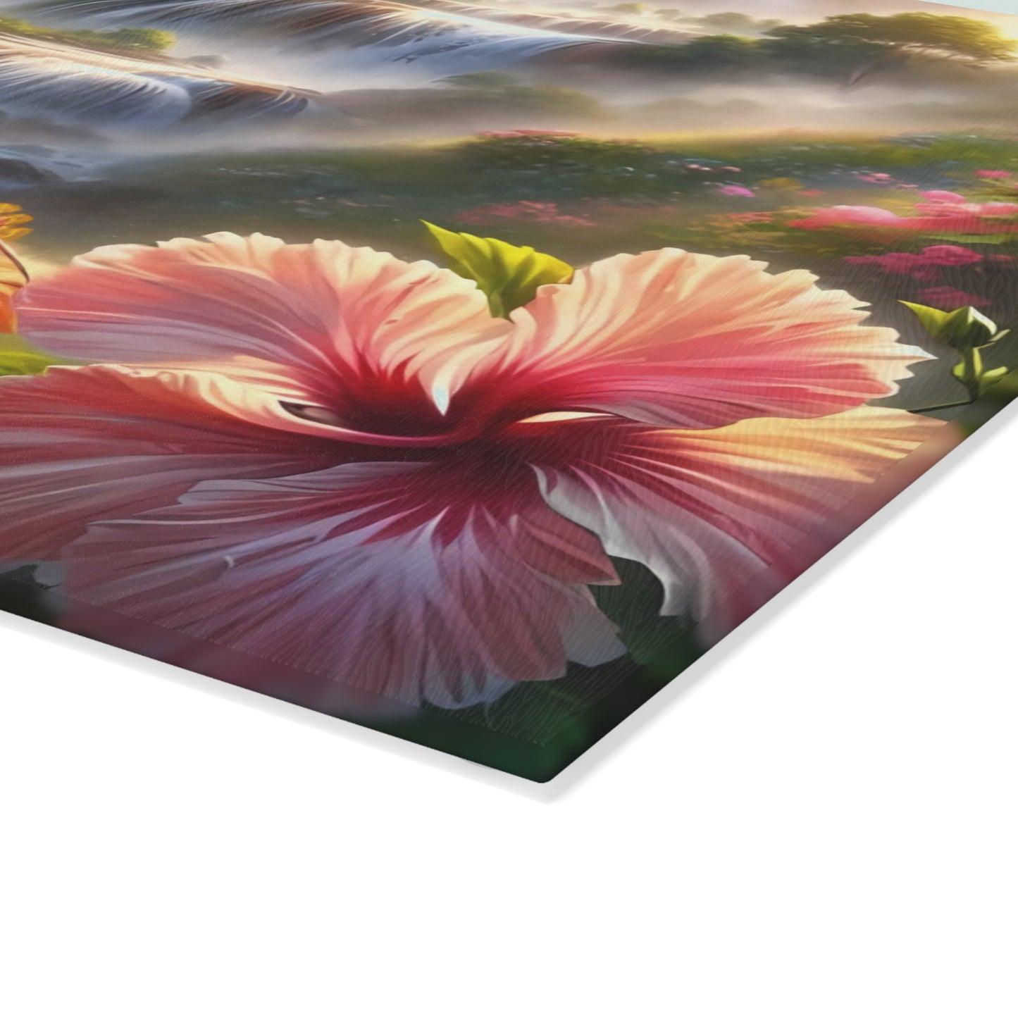 Tabla de cortar de vidrio Cascading Dreams: un paisaje floral encantado para amantes de la naturaleza