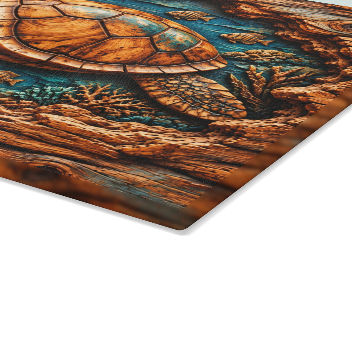 Ultra-Realistic 3D Wood-Carved Sea Turtle Cutting Board – High-Relief Pop-Out Illusion, Rustic Driftwood Frame & Underwater Ocean Kitchen Décor