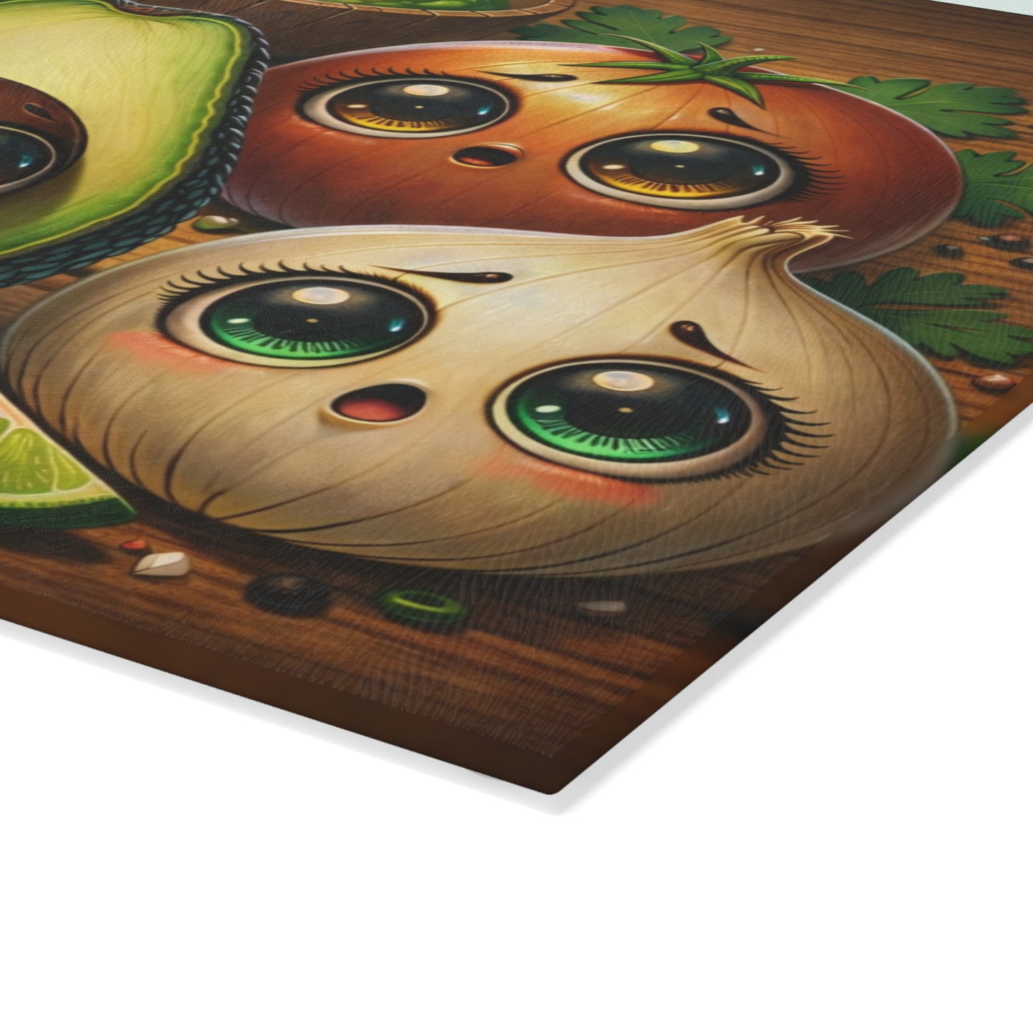 Cute Avocado & Veggie Glass Cutting Board – Whimsical Kitchen Art with Guacamole Charm
