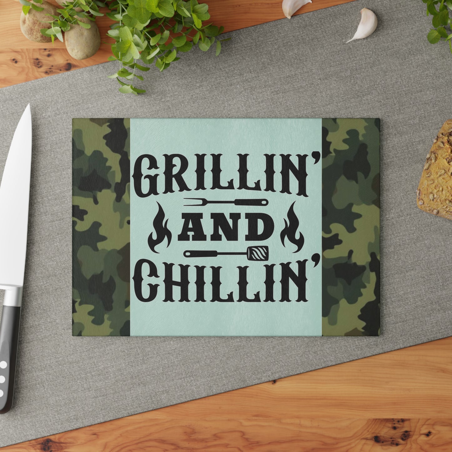 🔥 GRILLIN AND CHILLIN Glass Cutting Board – Camouflage BBQ Prep Style 🍔