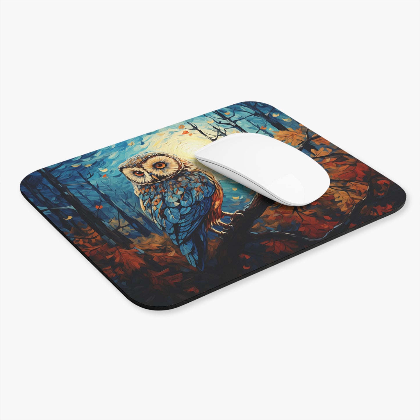 🖱️🦉🍁 Autumn Moon Owl Mouse Pad – Warm Teals, Copper Leaves & Glow