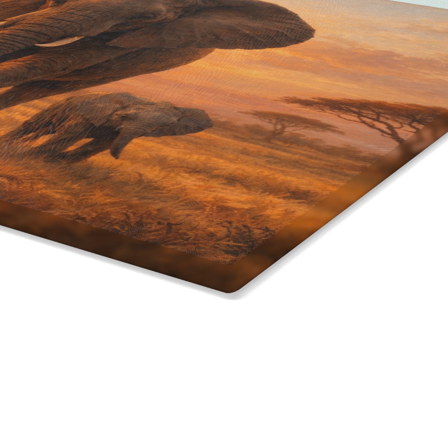 Elephant Family Sunset Safari Glass Cutting Board – Majestic Wildlife Landscape Kitchen Art