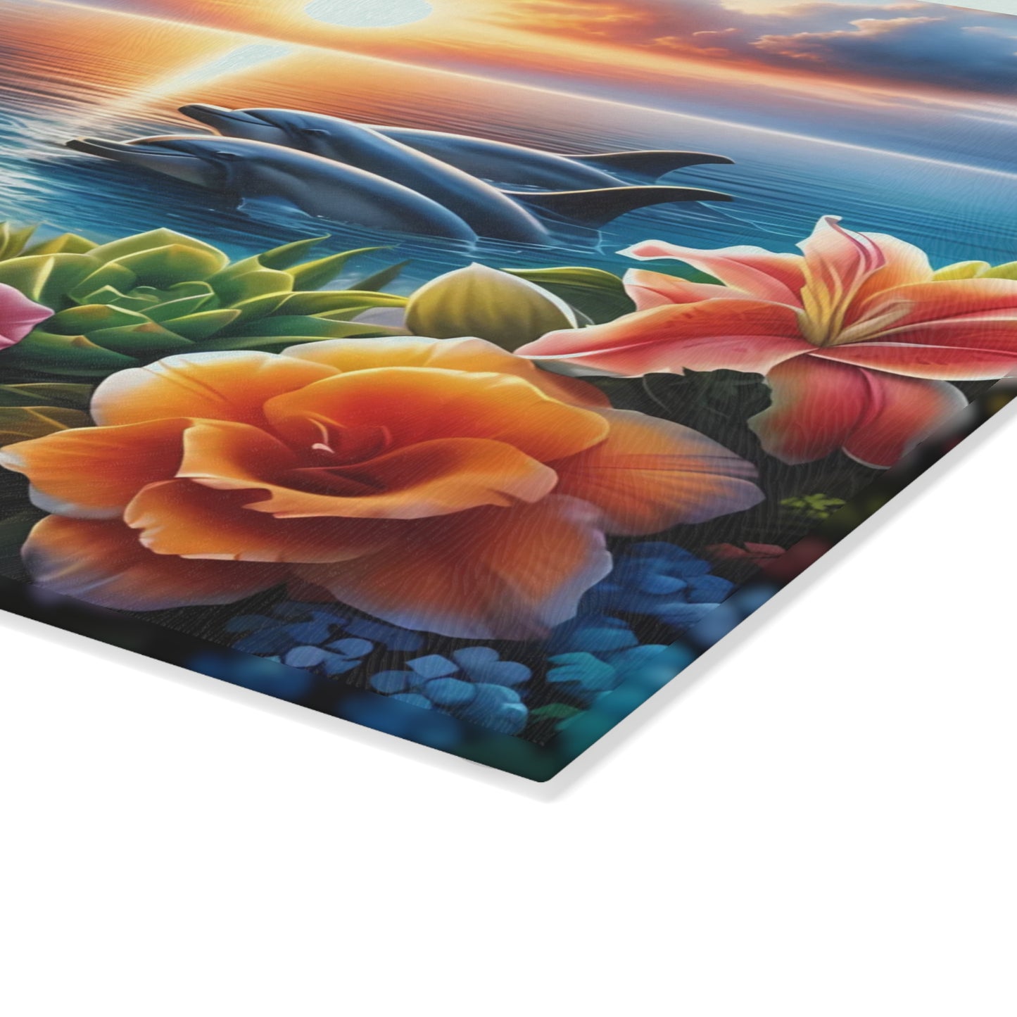 Tabla de cortar con diseño de delfín, vidrio templado con vibrantes escenas de delfines, regalo para chef, regalo para ella, regalo de boda o inauguración de la casa.