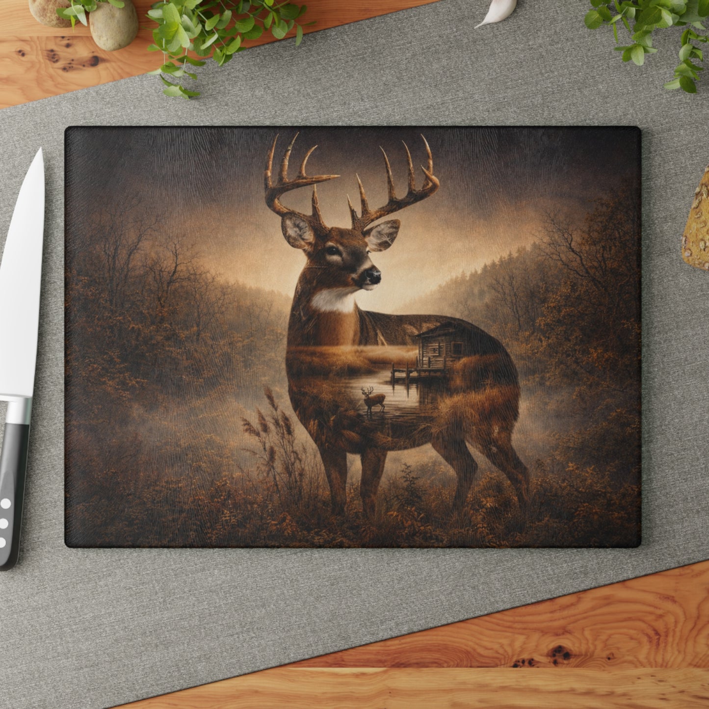 Majestic Whitetail Deer Glass Cutting Board – Rustic Woodland Wildlife Kitchen Art & Display Board