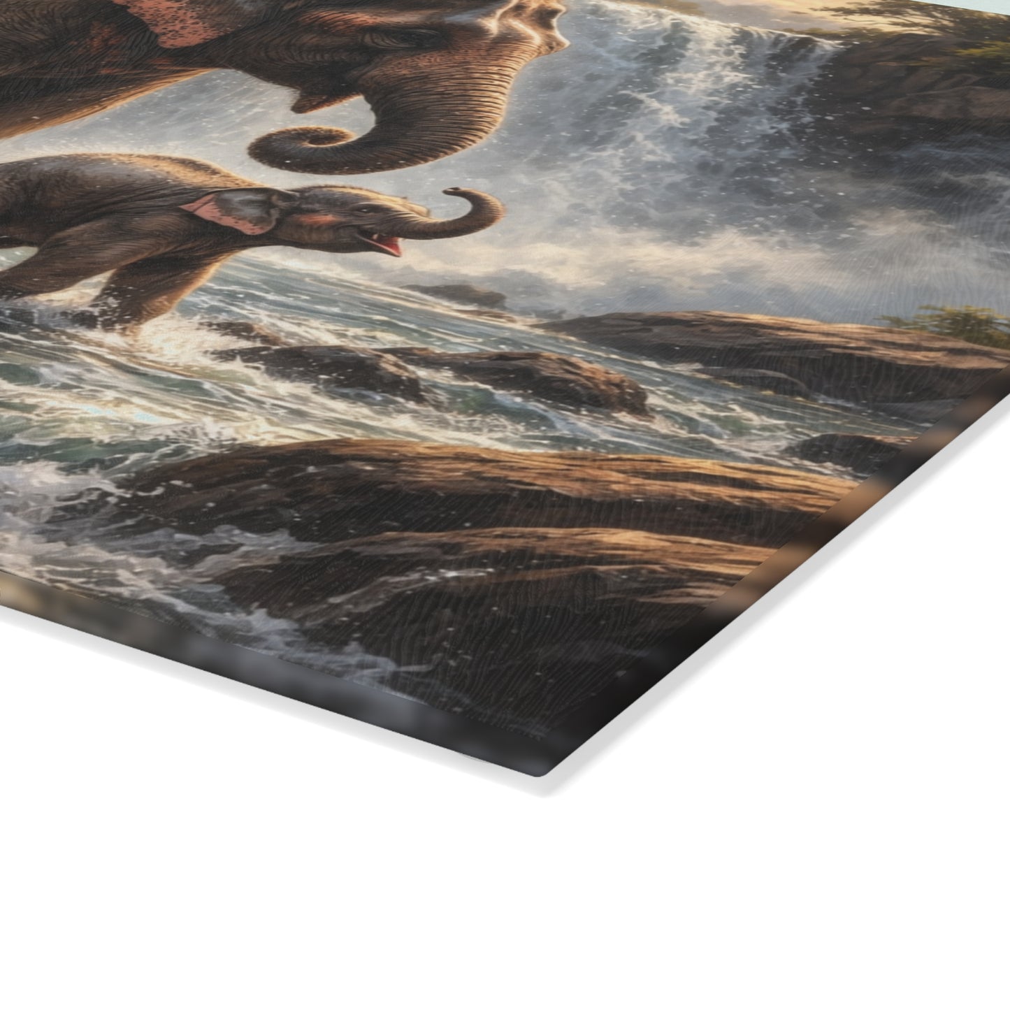 Elephant Waterfall Wildlife Glass Cutting Board – Majestic Nature Scene Kitchen Art