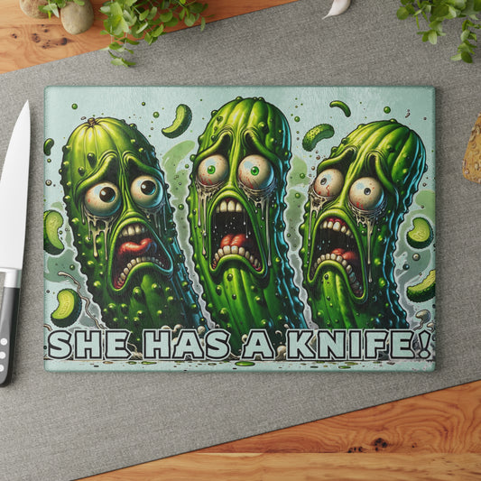 🥒😂 “She Has a Knife!” Glass Cutting Board – Pickle Panic in the Kitchen