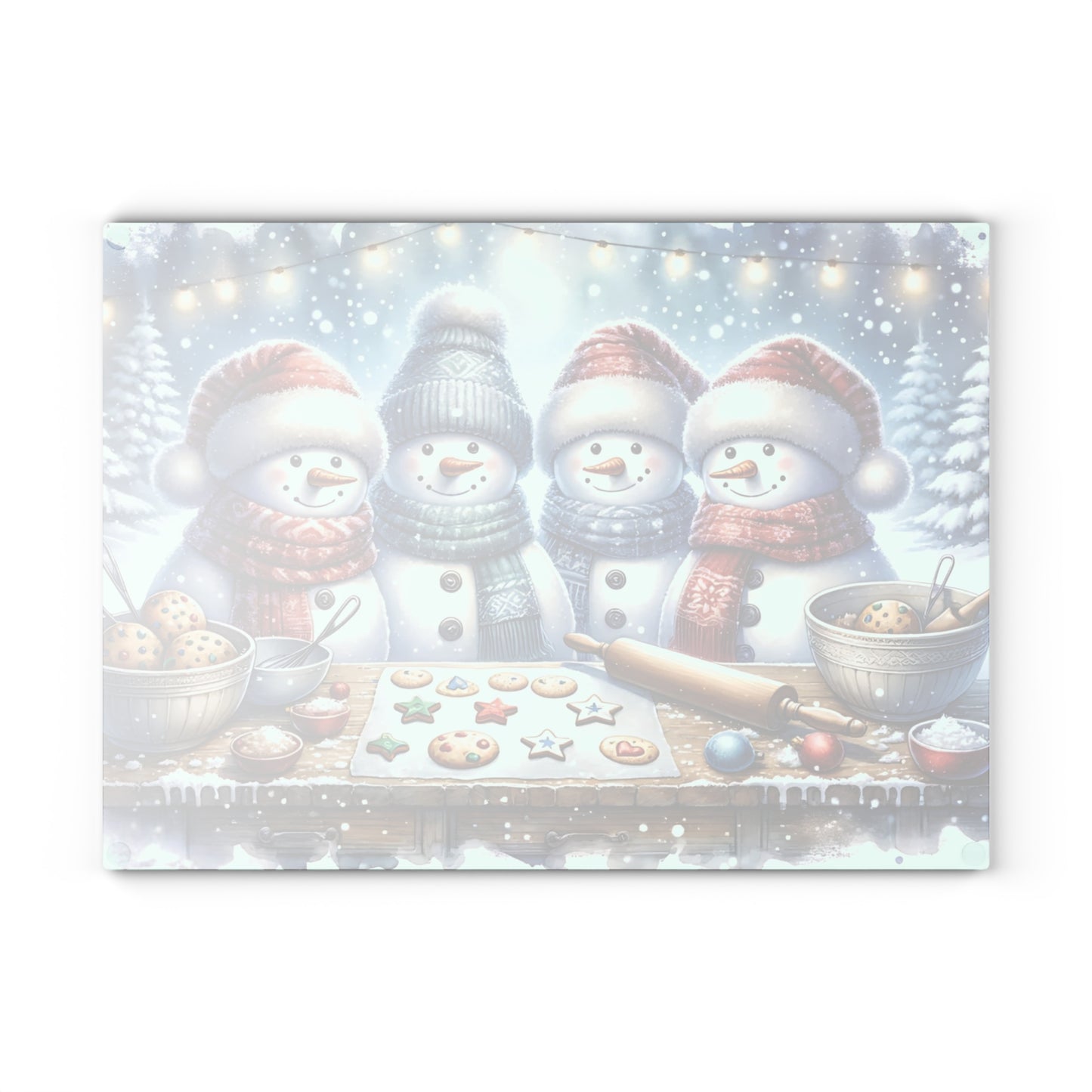⛄️🍪 “Snowman Cookie Crew” Glass Cutting Board – Cozy Charm for Your Kitchen