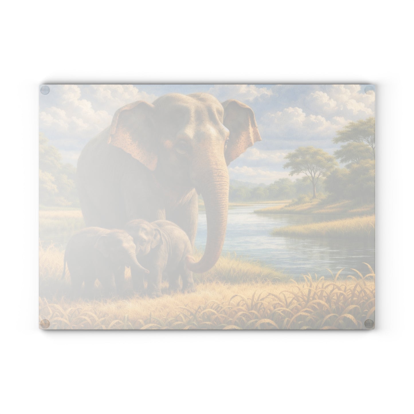Elephant Family River Meadow Glass Cutting Board – Peaceful Wildlife Landscape Kitchen Art