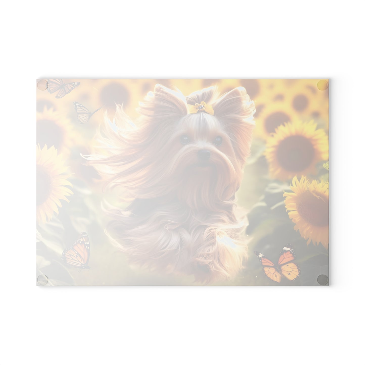 Yorkie in the Sunflowers – Tempered Glass Cutting Board