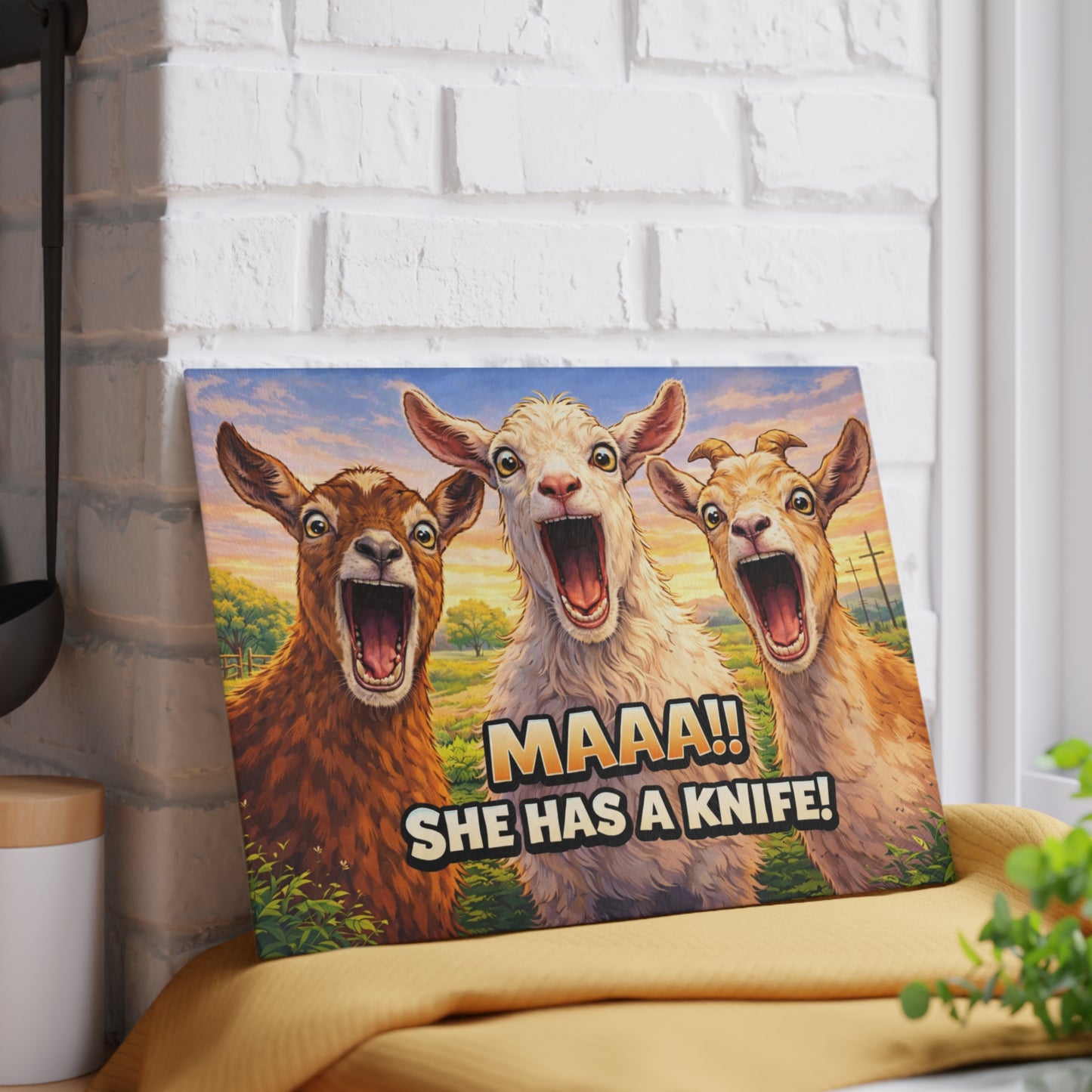 Maaa! She Has a Knife Glass Cutting Board – Funny Goat Farm Kitchen Art Display