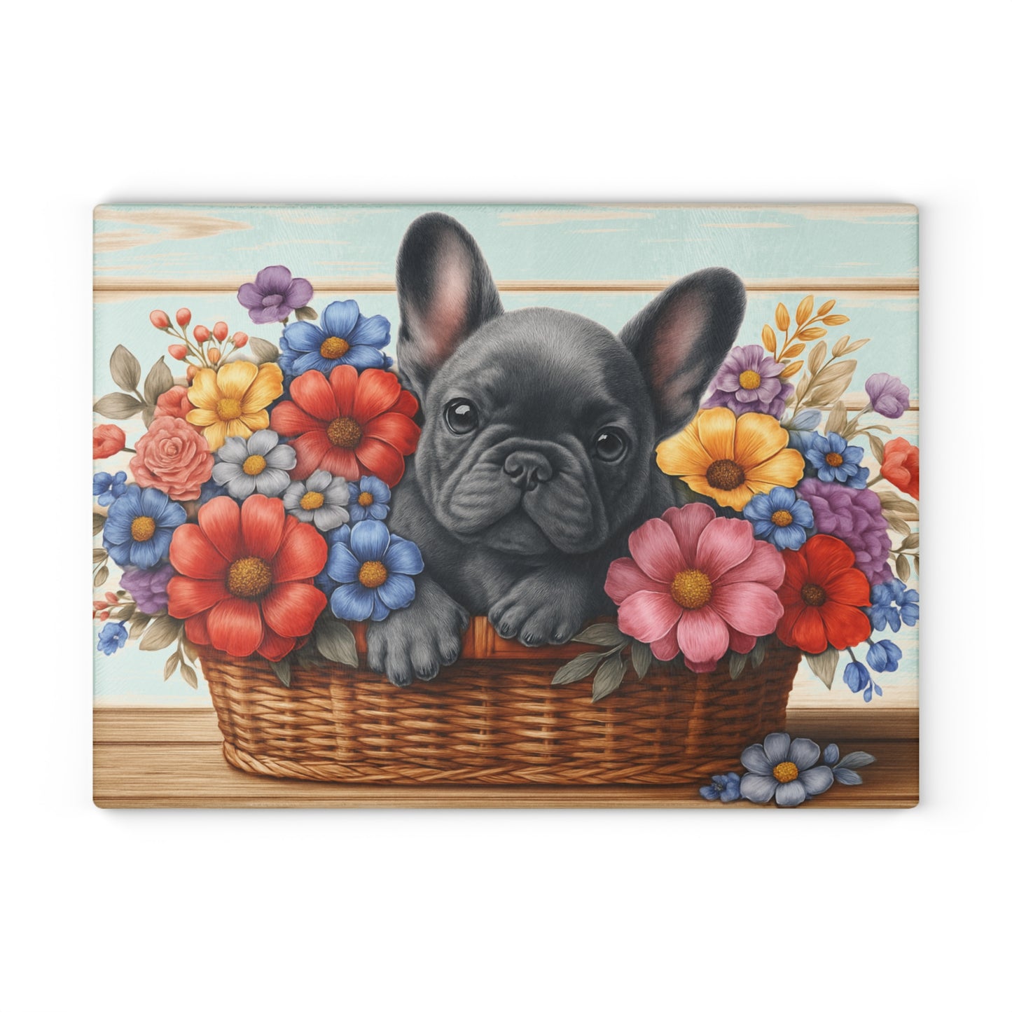 🐾 Gray French Bulldog in Bloom Basket Cutting Board – Frenchie Charm Meets Floral Elegance 🌸